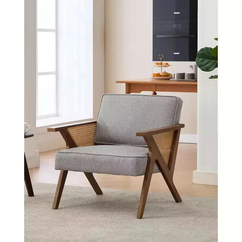 Fauteuil lounge en rotin Mid-Century, fauteuil vintage rembourré en lin avec cadre en bois pour salon/chambre, capacité de 130 kg, beige/gris (1 pièce)