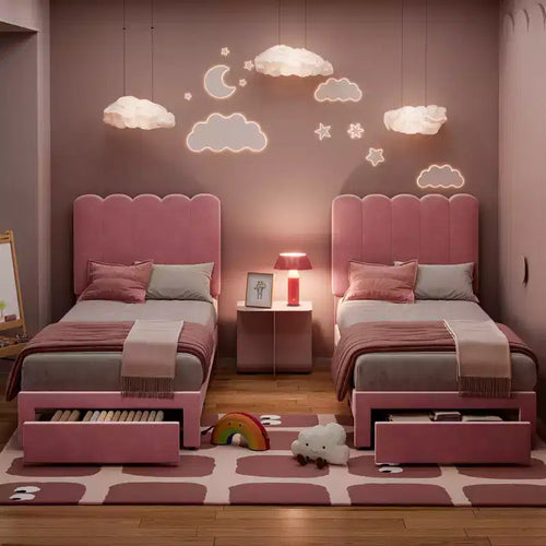 2 Sets Twin Bed Frame with Under-Bed Drawer, Velvet Upholstered Platform Bed with Wave Headboard,No Box Spring Needed