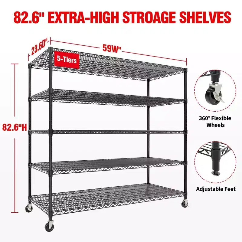Étagères de Rangement 73 H avec Roues et Pieds, Capacité 1200 kg, Étagère de Rangement Robuste à 4 Niveaux pour Garde-Manger, Garage, Cuisine, Maison, Commercial