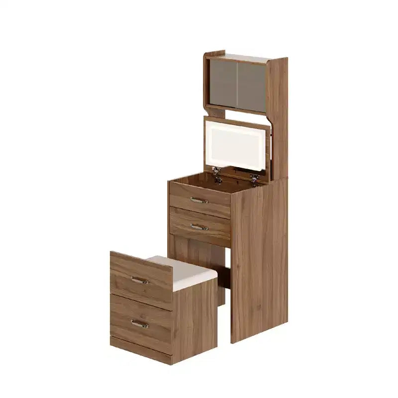 Coiffeuse 3-en-1, ensemble coiffeuse compact, table de toilette, miroir de coiffeuse de chevet, boîte à bijoux, chaise dissimulée rembourrée