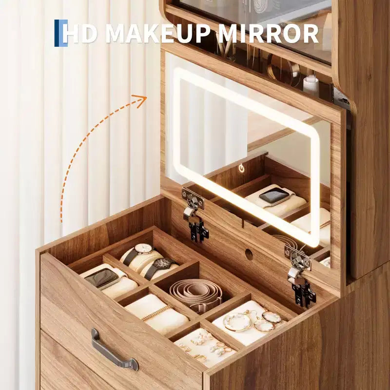 Coiffeuse 3-en-1, ensemble coiffeuse compact, table de toilette, miroir de coiffeuse de chevet, boîte à bijoux, chaise dissimulée rembourrée