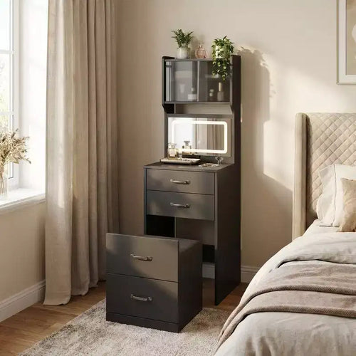 3-in-1 Vanity Desk, Compact Makeup Vanity Set , Dressing Table, Nightstand Vanity Mirror, Jewelry Box, Cushioned Hidden Chair