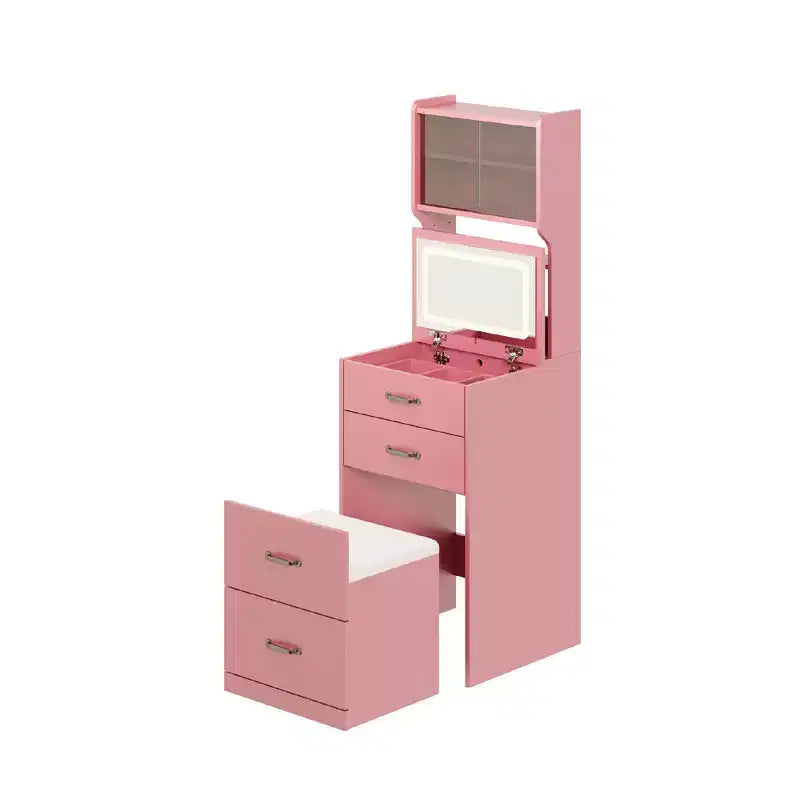 Coiffeuse 3-en-1, ensemble coiffeuse compact, table de toilette, miroir de coiffeuse de chevet, boîte à bijoux, chaise dissimulée rembourrée