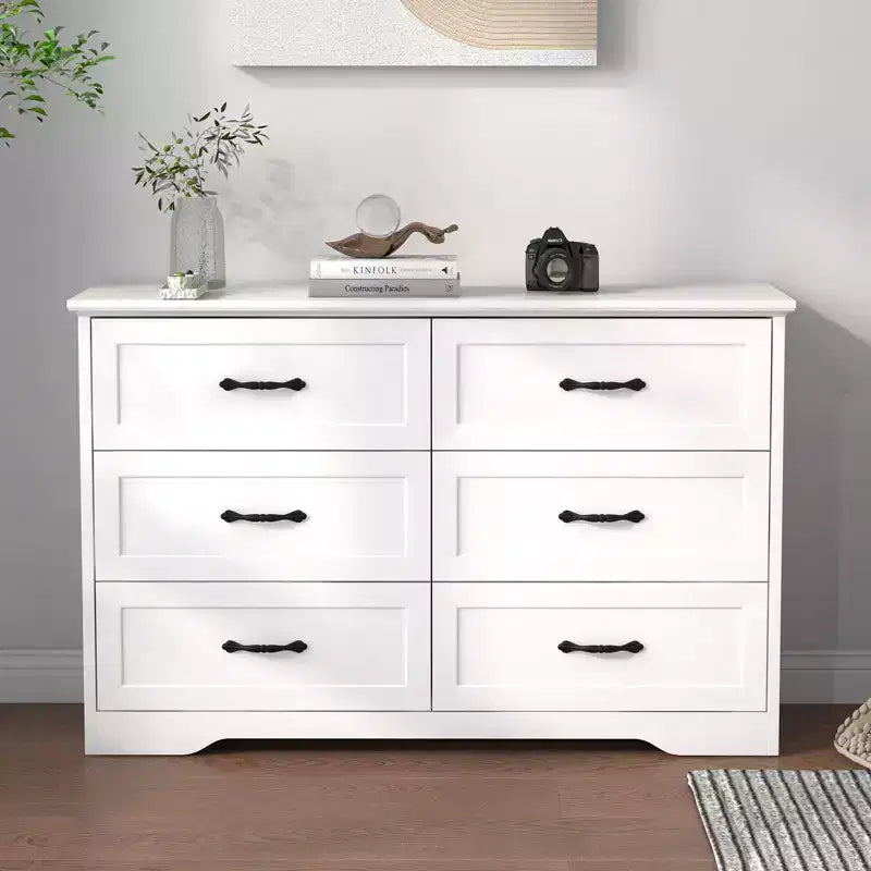 6-Drawer Wooden Dresser with Metal Handles, Farmhouse Modern Storage Chest of Drawers Organizer for Bedroom & Living Room