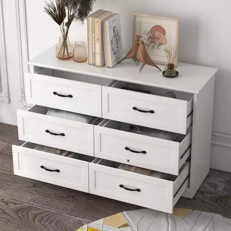 Commode en bois à 6 tiroirs avec poignées métalliques, organisateur de commode de rangement moderne de style fermier pour chambre à coucher et salon