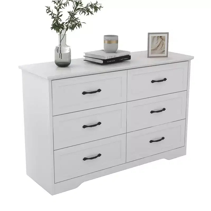 Commode en bois à 6 tiroirs avec poignées métalliques, organisateur de commode de rangement moderne de style fermier pour chambre à coucher et salon