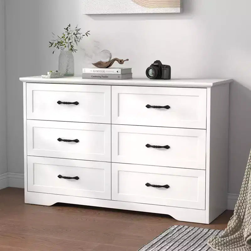 Commode en bois à 6 tiroirs avec poignées métalliques, organisateur de commode de rangement moderne de style fermier pour chambre à coucher et salon
