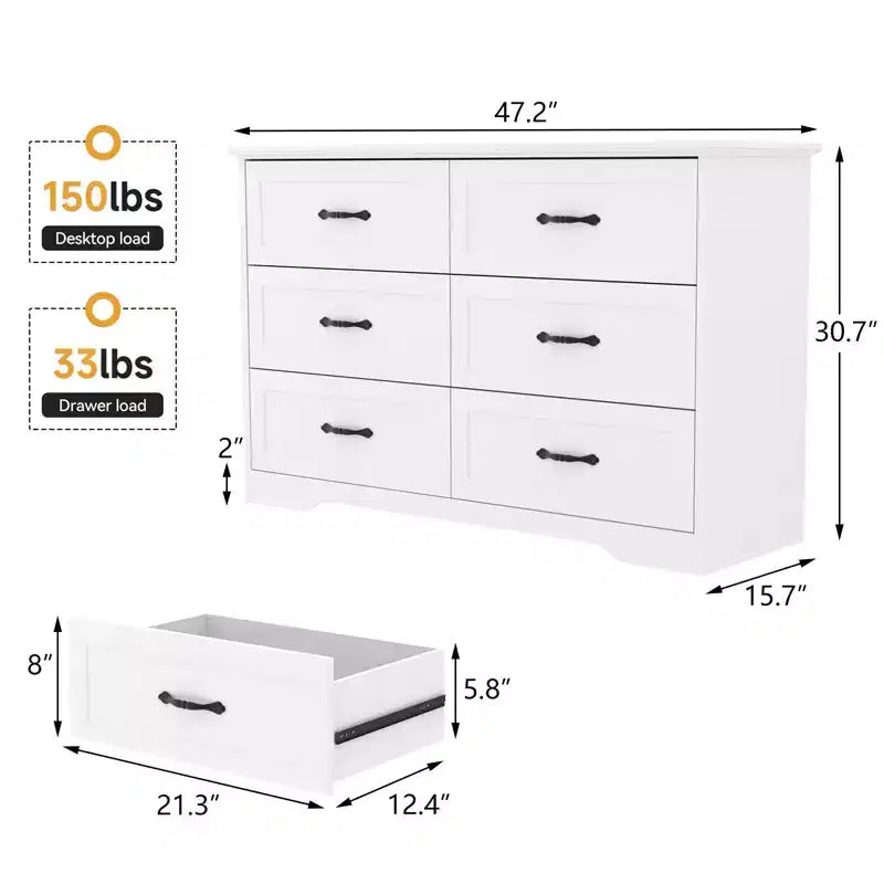 Commode en bois à 6 tiroirs avec poignées métalliques, organisateur de commode de rangement moderne de style fermier pour chambre à coucher et salon
