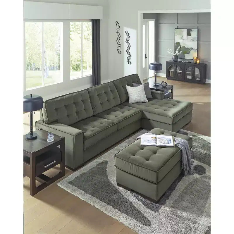 Grand pouf d'appoint, revêtement en polyester capitonné, vert olive