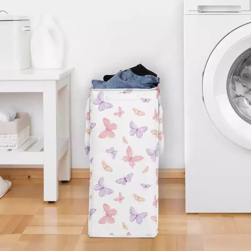 Panier à linge pliable pour fille avec poignées Papillon rose et violet
