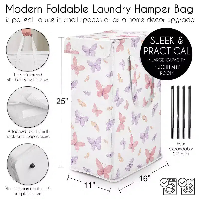 Panier à linge pliable pour fille avec poignées Papillon rose et violet