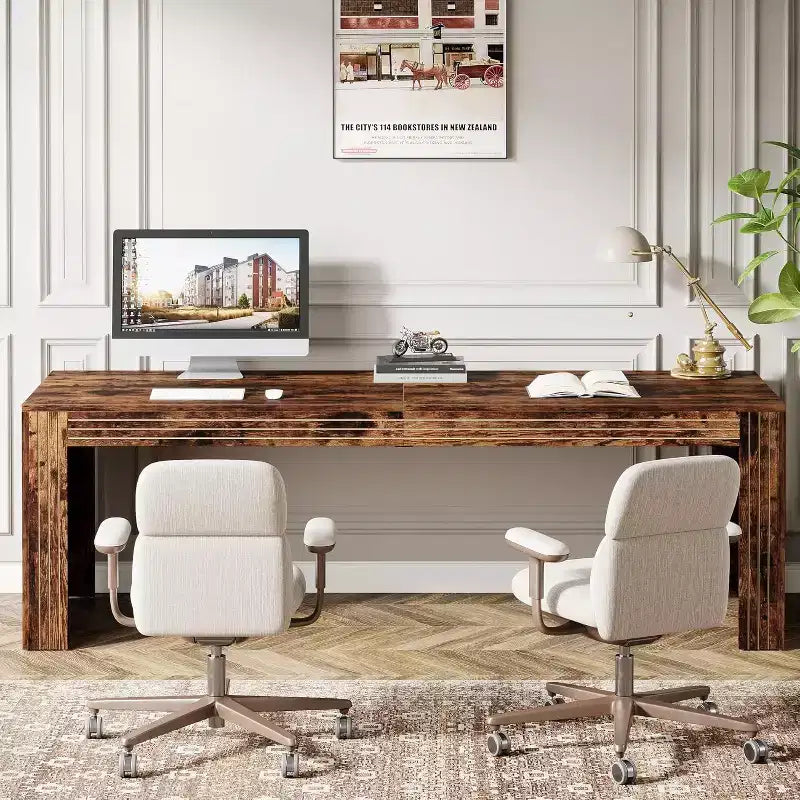 Grand bureau extra long de 200 cm, double bureau pour deux personnes pour bureau à domicile, longue table d'écriture d'ordinateur en bois pour bureau, marron vintage