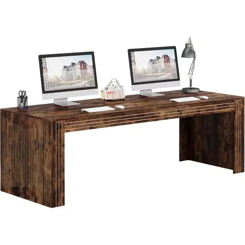 Grand bureau extra long de 200 cm, double bureau pour deux personnes pour bureau à domicile, longue table d'écriture d'ordinateur en bois pour bureau, marron vintage