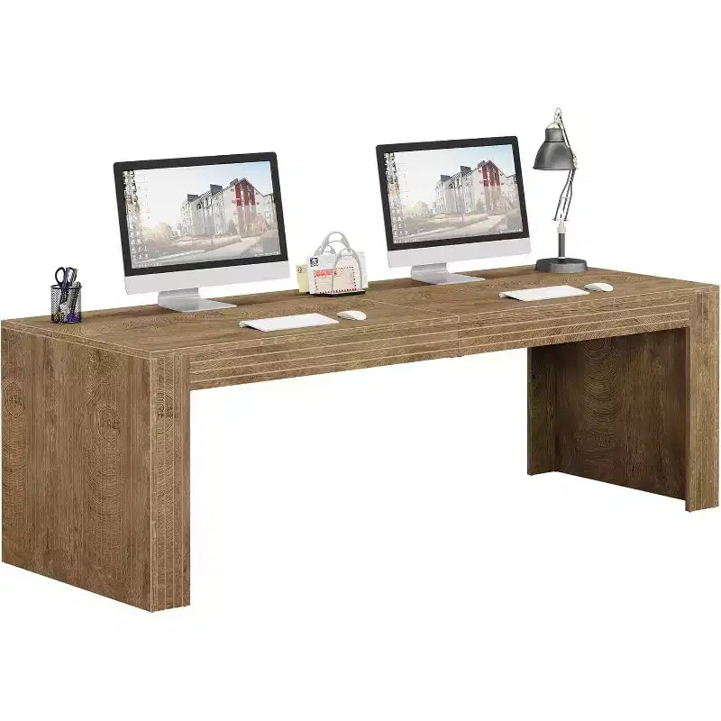 Grand bureau extra long de 200 cm, double bureau pour deux personnes pour bureau à domicile, longue table d'écriture d'ordinateur en bois pour bureau, marron vintage
