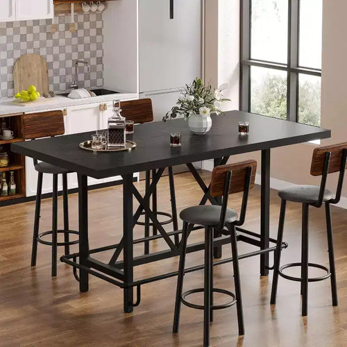 Lantine 63-Inch Bar Table, Industrial Counter Height Pub Table with Metal Footrest for Dining Room, Home Bar, Black