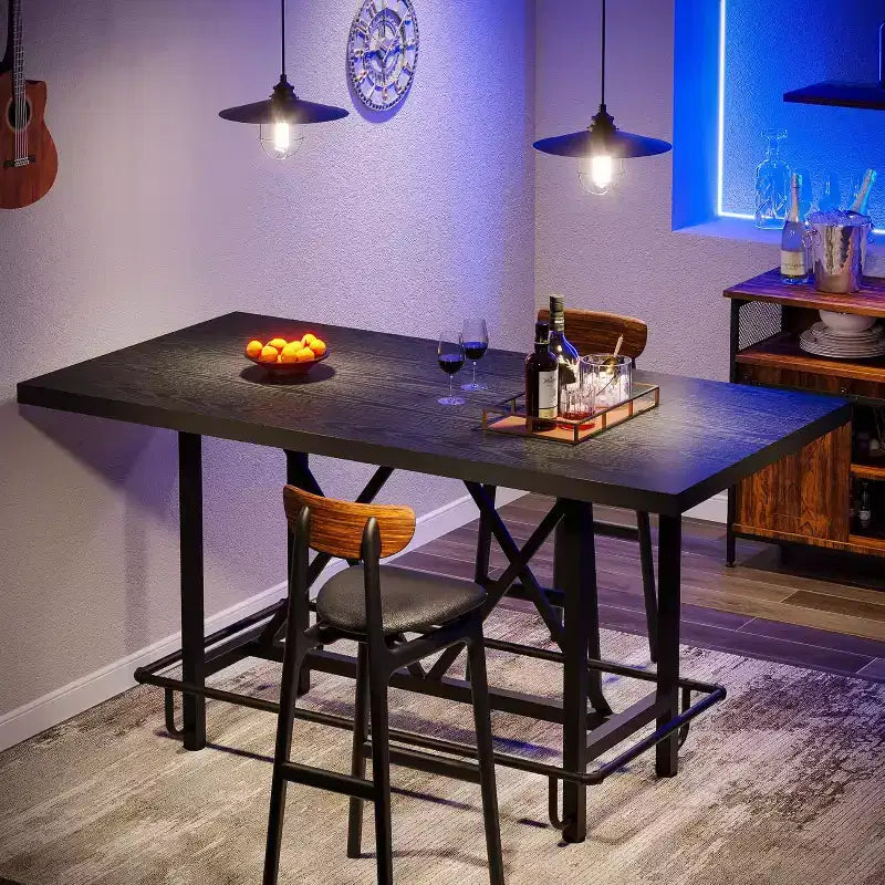 Table de bar de 63 pouces, table de pub industrielle à hauteur de comptoir avec repose-pieds en métal pour salle à manger, bar à domicile, noir