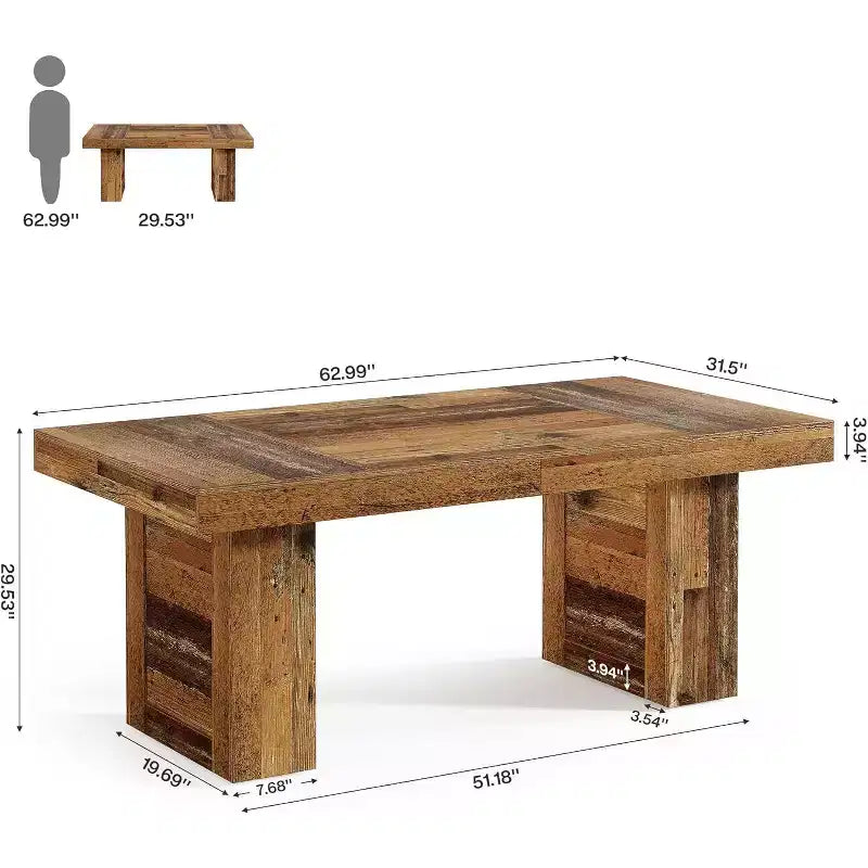 Table de salle à manger de ferme de 160 cm pour 6 personnes, table de cuisine rectangulaire en bois avec pieds robustes pour repas de famille, salle à manger, marron rustique