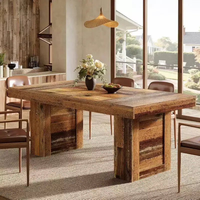 Table de salle à manger de ferme de 160 cm pour 6 personnes, table de cuisine rectangulaire en bois avec pieds robustes pour repas de famille, salle à manger, marron rustique