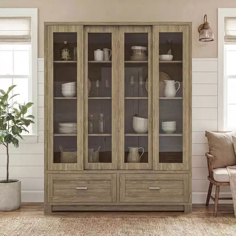 Hitow 63W Rustic Oak Kitchen Pantry Cabinet with Sliding Glass Doors & 2 Large Drawers  Tall Storage Hutch for Dining Room