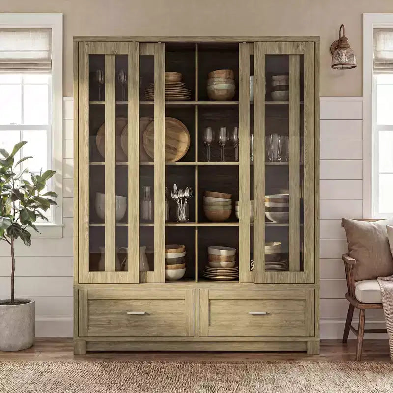 Meuble de rangement de cuisine en chêne rustique avec portes coulissantes en verre