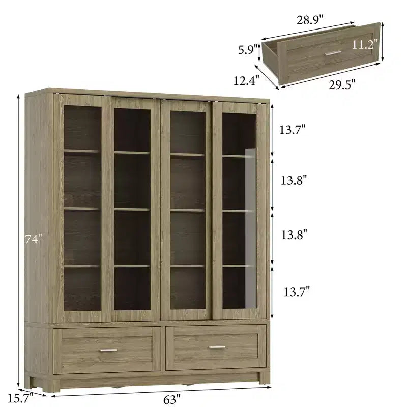 Meuble de rangement de cuisine en chêne rustique avec portes coulissantes en verre