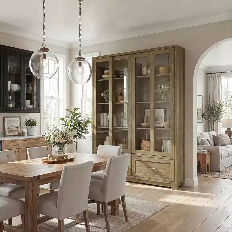 Meuble de rangement de cuisine en chêne rustique avec portes coulissantes en verre