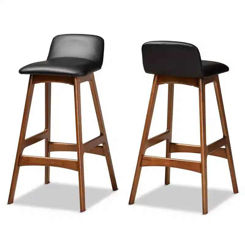 Baxton Studio 2pc Darrin Faux Leather and Wood Barstools Black/Walnut/Brown: Upholstered Oval Seat, 30" Fixed Height