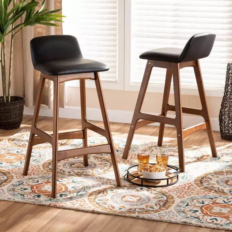 Tabourets de bar en similicuir et bois noir/noyer/marron : Siège ovale rembourré, hauteur fixe de 76 cm