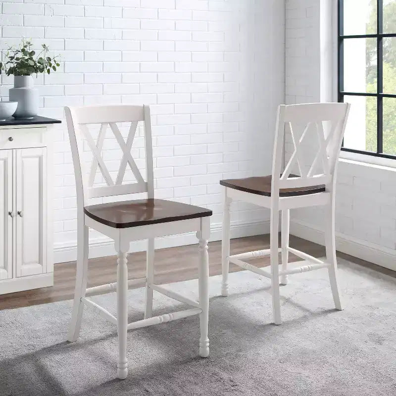 Lot de 2 tabourets de bar hauteur comptoir, cadre en caoutchouc blanc vieilli, non rembourrés, design traditionnel