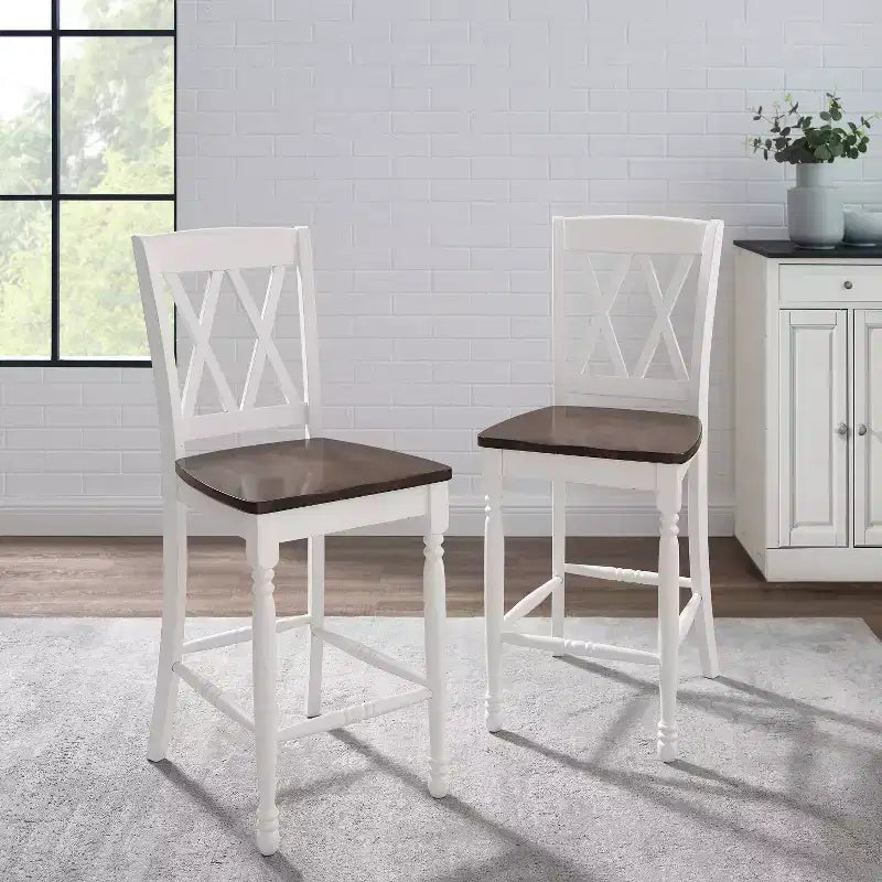 Lot de 2 tabourets de bar hauteur comptoir, cadre en caoutchouc blanc vieilli, non rembourrés, design traditionnel