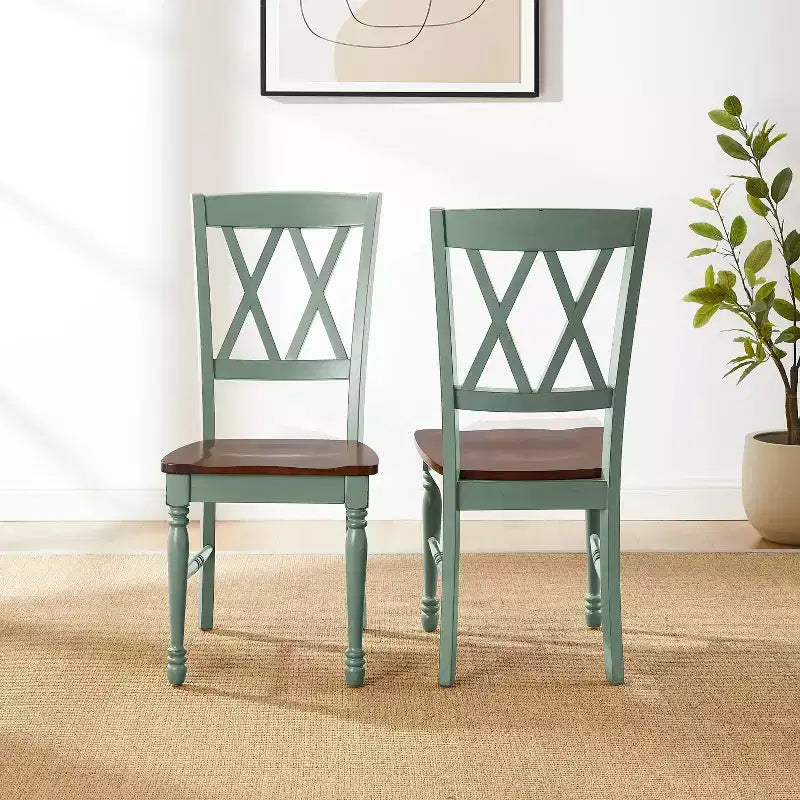 Lot de 2 chaises de salle à manger sarcelle patinée : Structure en bois d'hévéa, Sans accoudoirs, Capacité de 113 kg