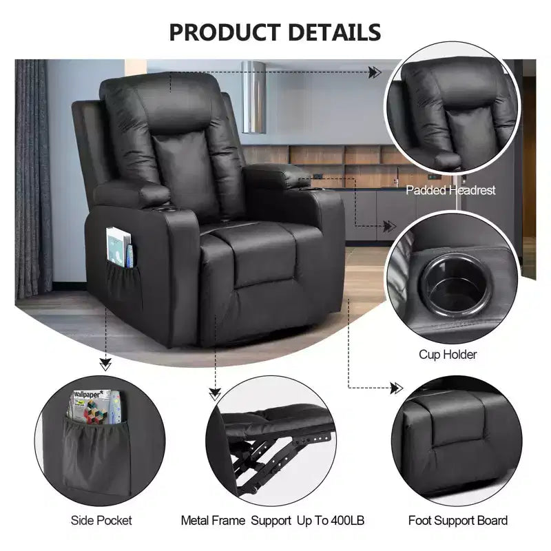 Fauteuil inclinable à levier latéral en similicuir, fauteuil à bascule avec massage chauffant noir