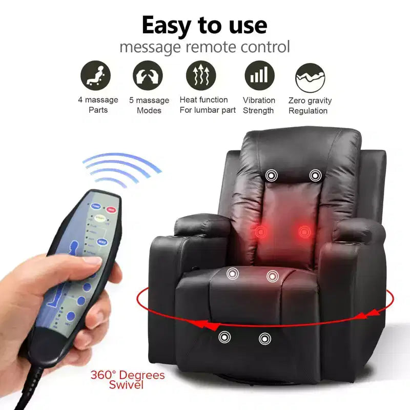 Fauteuil inclinable à levier latéral en similicuir, fauteuil à bascule avec massage chauffant noir