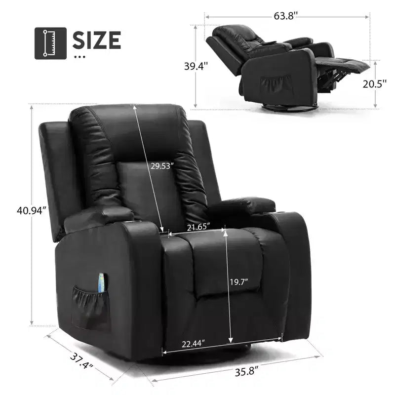 Fauteuil inclinable à levier latéral en similicuir, fauteuil à bascule avec massage chauffant noir