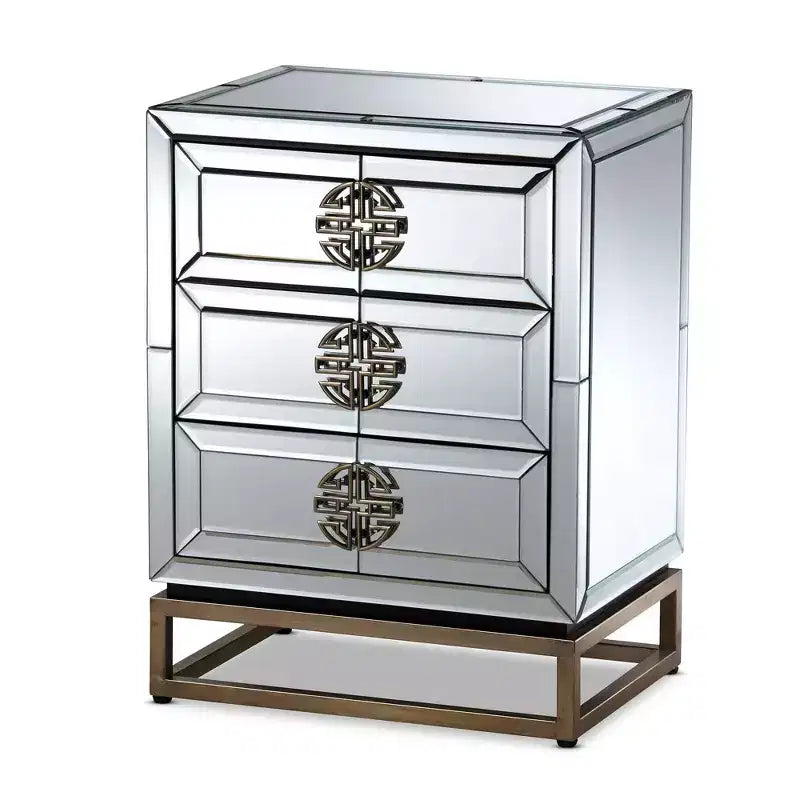 Laken 3 Drawers Mirrored Nightstand - Baxton Studio: Elegant Antique Bronze, Beveled Edges, No Assembly Required