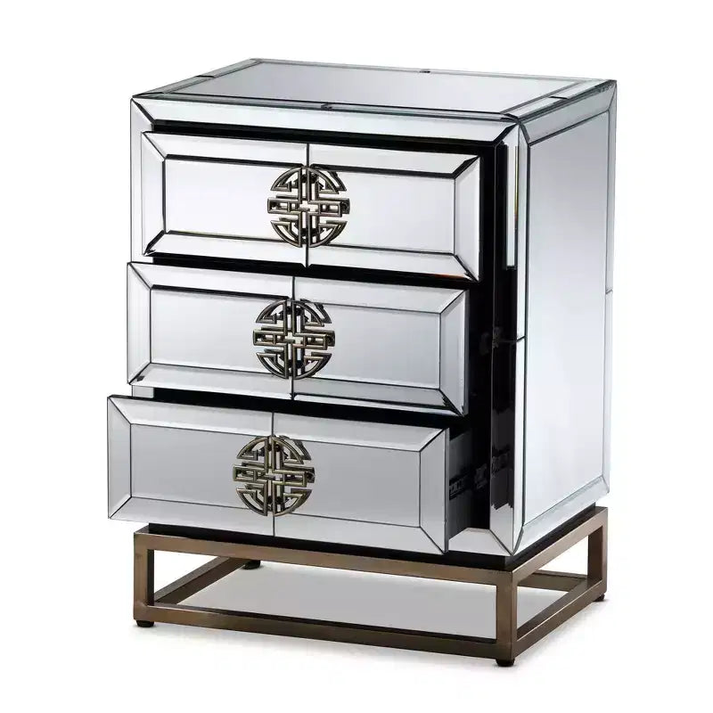 Table de chevet à 3 tiroirs miroir élégante bronze antique, bords biseautés, aucun assemblage requis