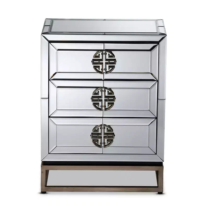 Table de chevet à 3 tiroirs miroir élégante bronze antique, bords biseautés, aucun assemblage requis