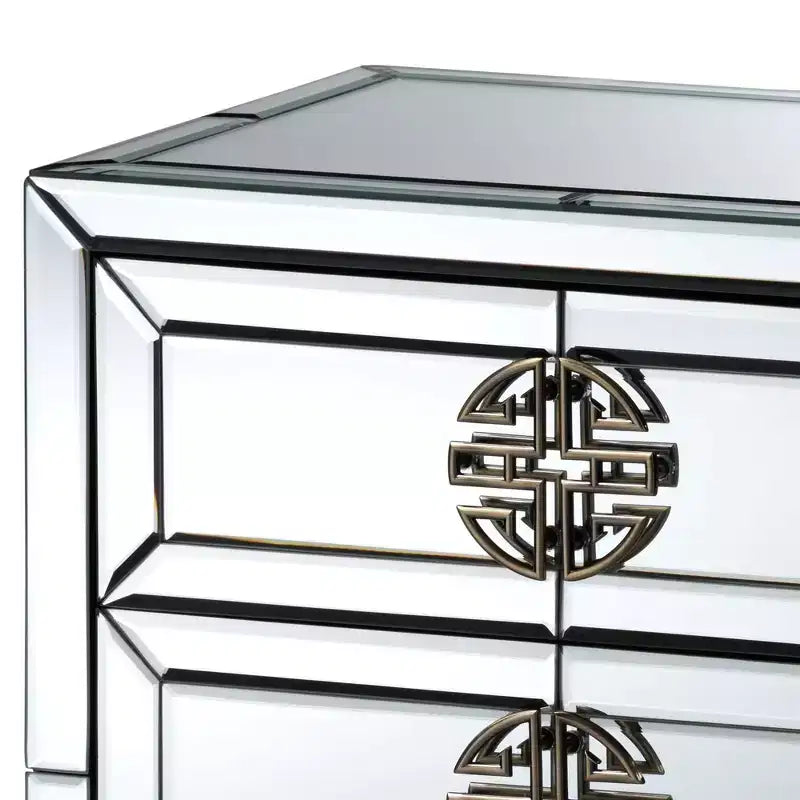 Table de chevet à 3 tiroirs miroir élégante bronze antique, bords biseautés, aucun assemblage requis