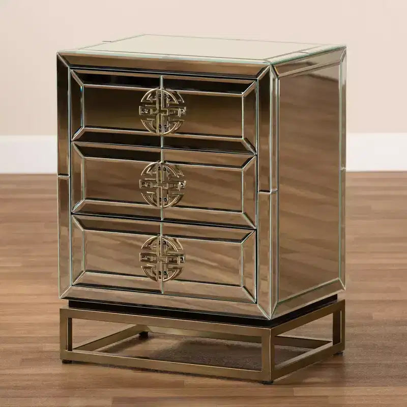 Table de chevet à 3 tiroirs miroir élégante bronze antique, bords biseautés, aucun assemblage requis