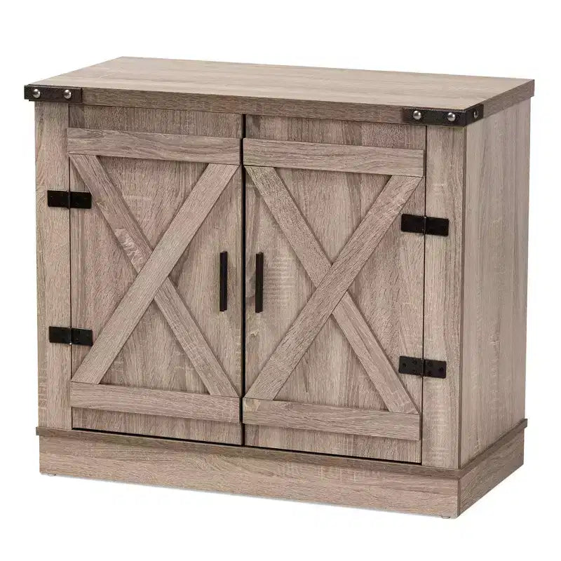 Wayne Farmhouse Wood 2 Doors Shoe Storage Cabinet Oak Brown - Baxton Studio: Entryway Organizer, Holds 9 Pairs