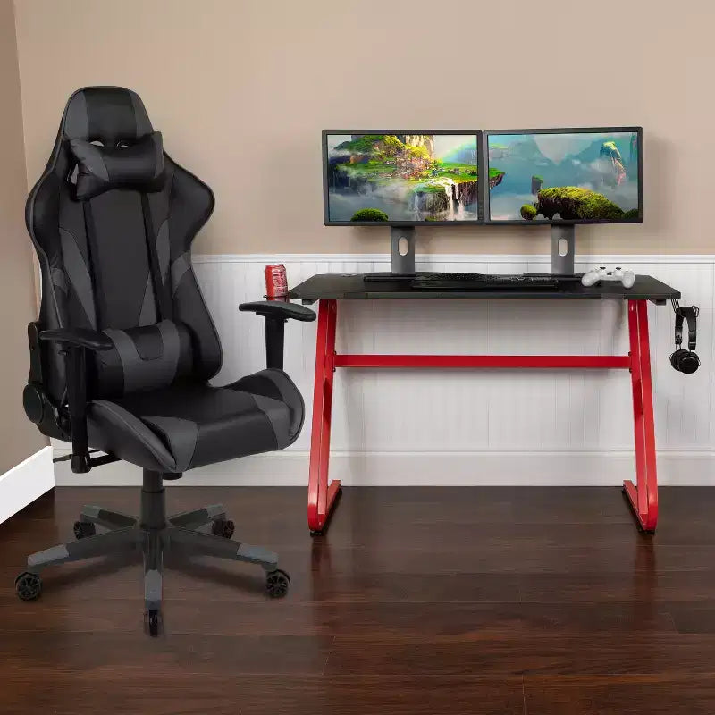 Ensemble bureau et chaise de jeu inclinable avec porte-gobelet et crochet pour casque