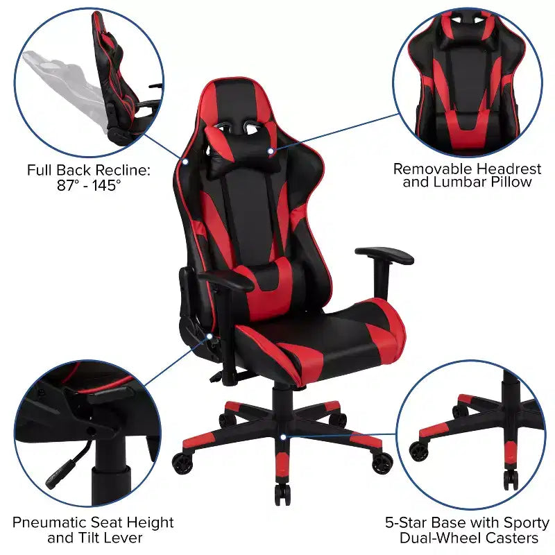 Ensemble bureau et chaise de jeu inclinable avec porte-gobelet et crochet pour casque