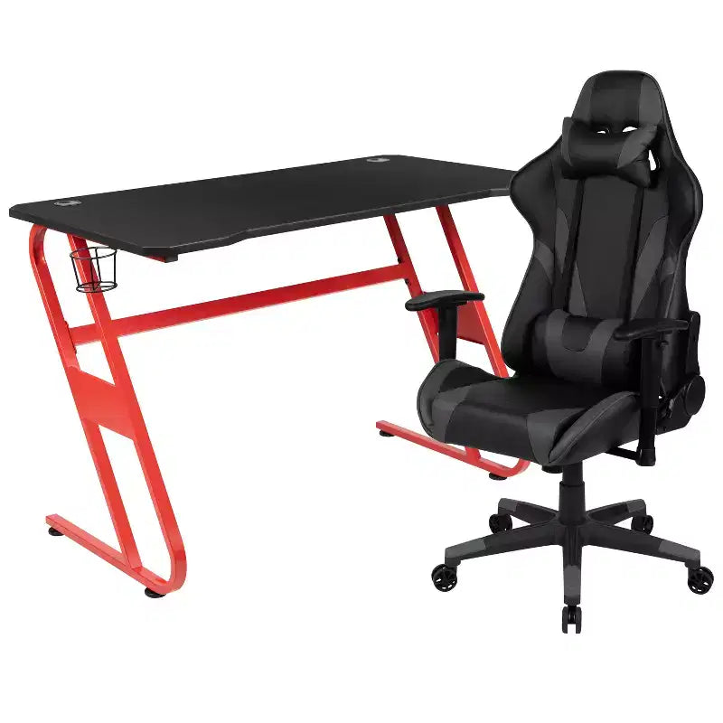 Ensemble bureau et chaise de jeu inclinable avec porte-gobelet et crochet pour casque