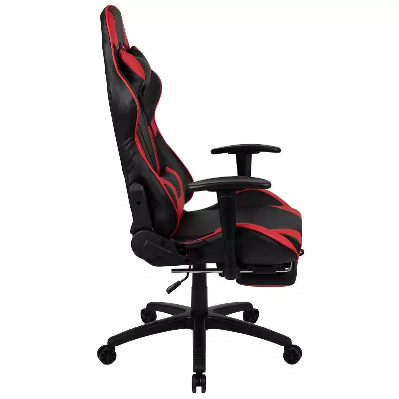 Fauteuil de jeu de course ergonomique de bureau pour ordinateur avec dossier entièrement inclinable et repose-pieds coulissant en cuir souple rouge
