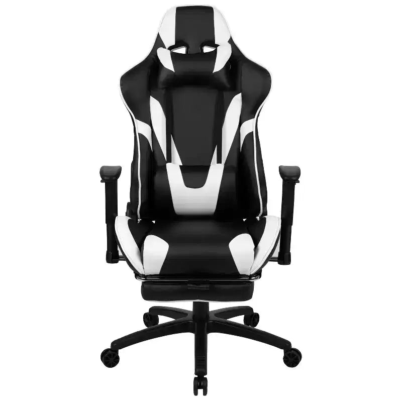 Fauteuil de jeu de course ergonomique de bureau pour ordinateur avec dossier entièrement inclinable et repose-pieds coulissant en cuir souple rouge
