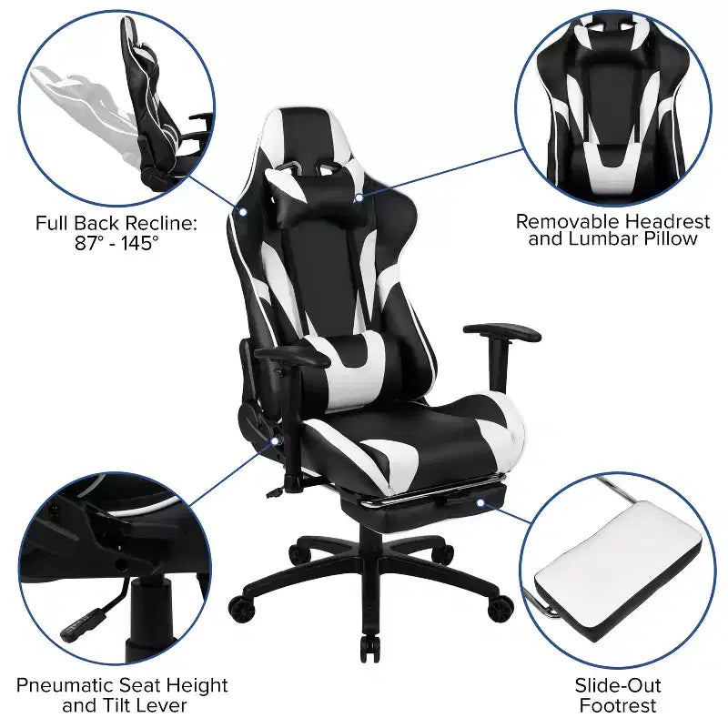 Fauteuil de jeu de course ergonomique de bureau pour ordinateur avec dossier entièrement inclinable et repose-pieds coulissant en cuir souple rouge