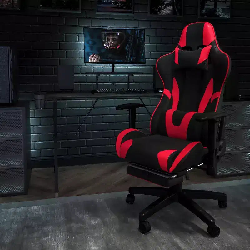 Fauteuil de jeu de course ergonomique de bureau pour ordinateur avec dossier entièrement inclinable et repose-pieds coulissant en cuir souple rouge