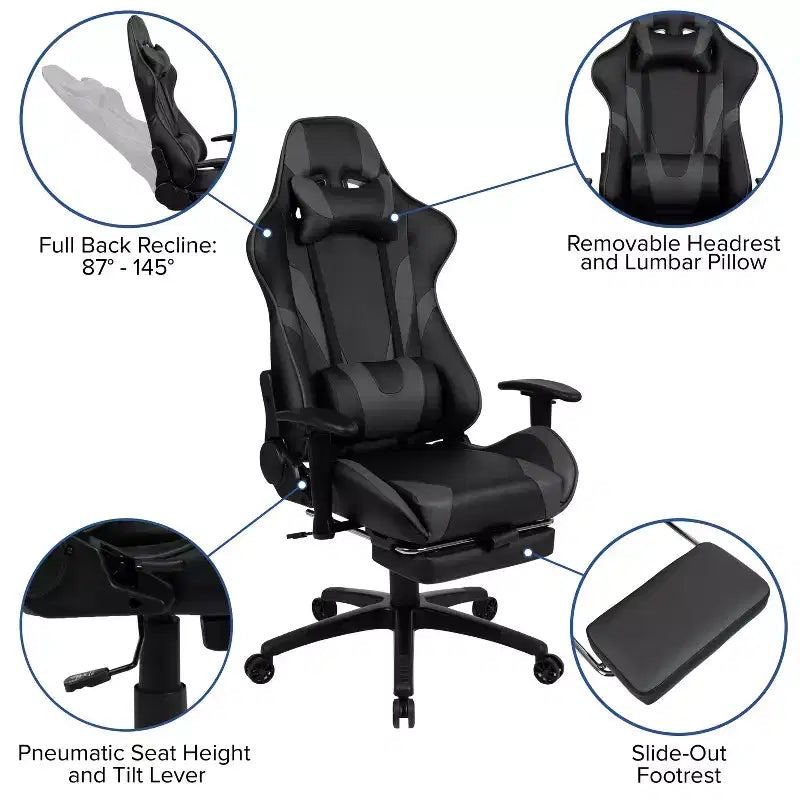 Fauteuil de jeu de course ergonomique de bureau pour ordinateur avec dossier entièrement inclinable et repose-pieds coulissant en cuir souple rouge
