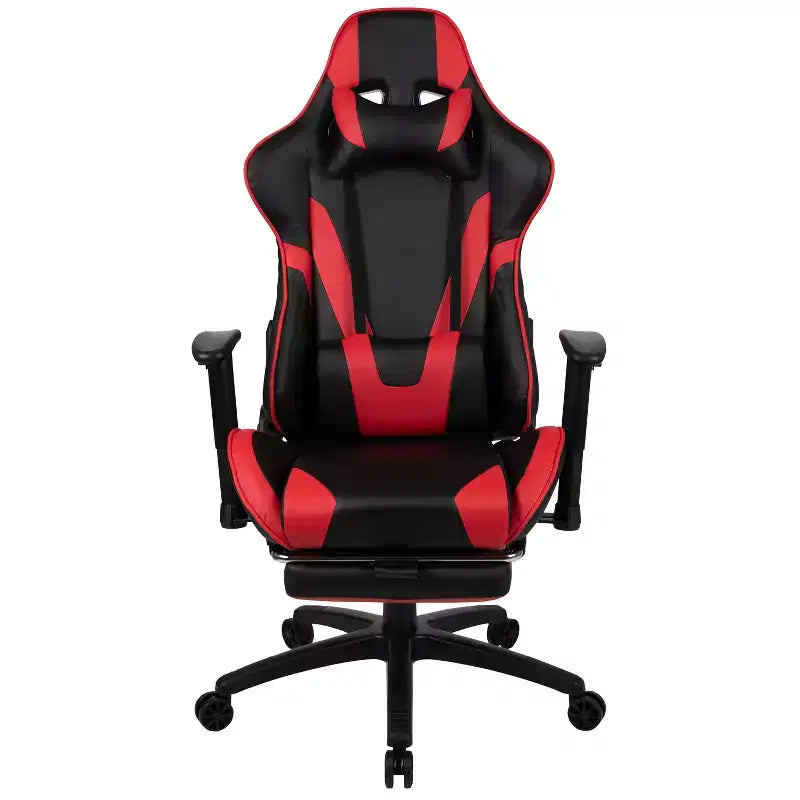 Fauteuil de jeu de course ergonomique de bureau pour ordinateur avec dossier entièrement inclinable et repose-pieds coulissant en cuir souple rouge