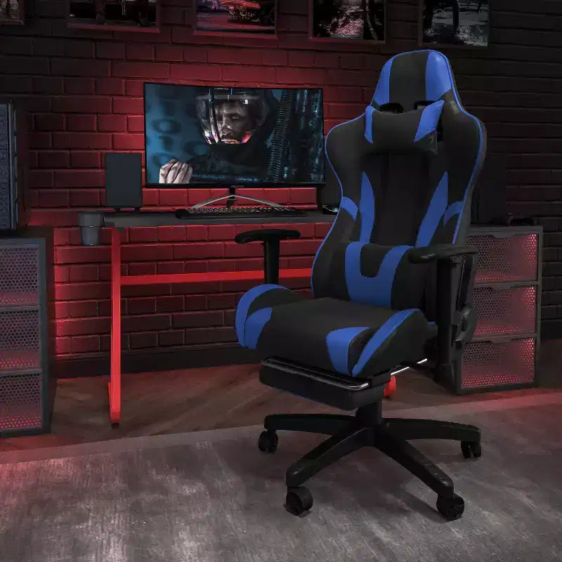 Fauteuil de jeu de course ergonomique de bureau pour ordinateur avec dossier entièrement inclinable et repose-pieds coulissant en cuir souple rouge